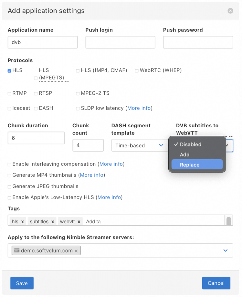 Application settings and WebVTT options in Nimble Streamer