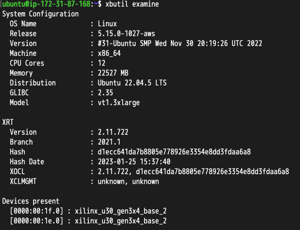 Results of xbutil examine command for Alveo U30