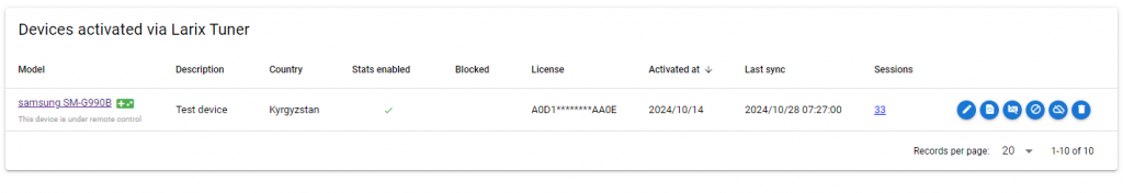 List of devices in Larix Tuner panel