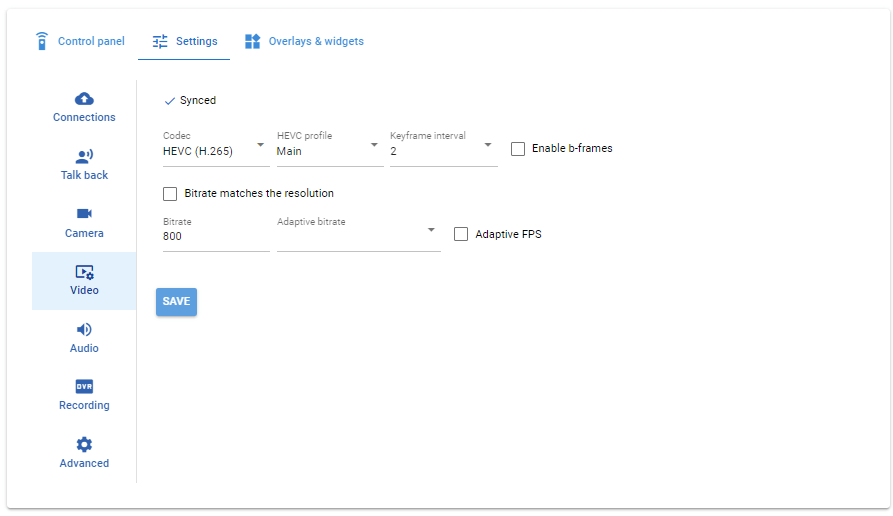 Video encoder settings for device